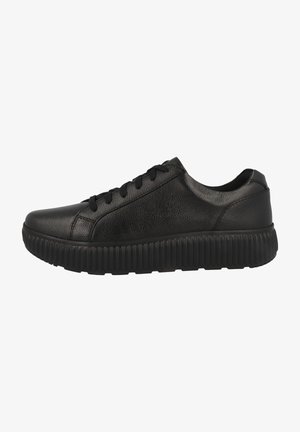 Baskets en cuir noir avec une surface texturée, bout rond et lacets plats. Elles présentent une semelle en caoutchouc épaisse et striée pour un amorti et un soutien.