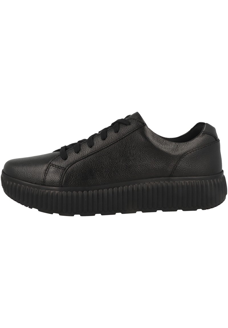 Sneaker in pelle nera con superficie testurizzata, punta tonda e lacci piatti. Presenta una suola in gomma spessa e rigata per ammortizzazione e supporto.