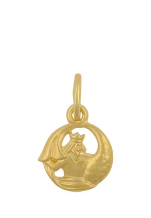 Goldanhänger in Form eines gekrönten Königsprofils in einem runden Rahmen, mit einer Öse zum Befestigen an einer Kette oder einem Armband.