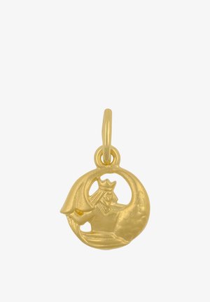 Ciondolo in oro a forma di profilo di un re coronato all'interno di una cornice circolare, con un anello per agganciarlo a una catena o a un braccialetto.