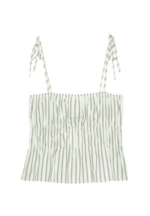 Haut blanc sans manches avec fines rayures verticales marron et bretelles à nouer, présentant une taille froncée légèrement volantée.