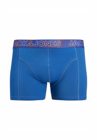 Blue cotton boxer shorts with a branded elastic waistband featuring "JACK & JONES" in contrasting colors. Seam detailing visible.