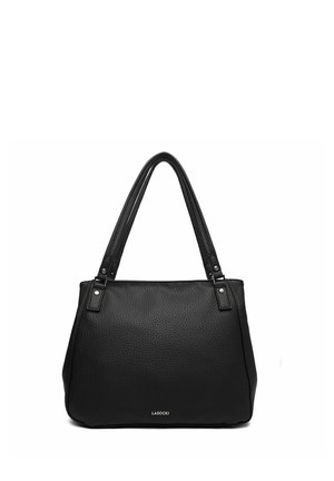 Schwarze Handtasche aus strukturiertem Leder mit zwei langen Trägern und silberner Hardware, rechteckige Form, mit LASOCKI-Logo vorne unten in der Mitte.