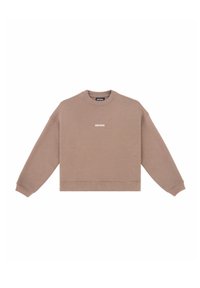 Felpa corta marrone con maniche lunghe, colletto e polsini a coste, caratterizzata da un piccolo logo testuale bianco sul petto. Tessuto morbido e design casual.