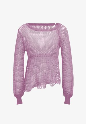 Lazán illeszkedő lila kötött pulóver, hosszú ujjaival és texturált mintájával. A szegély ívelt, fitted mandzsettákkal.