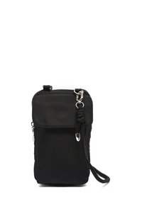 Juodas nailono kryžminis krepšys su užtrauktuko uždarymu, priekinė kišenė ir užrišta virvė kaip dirželis. Yra sidabrinės detalės ir paprasta stačiakampio forma.