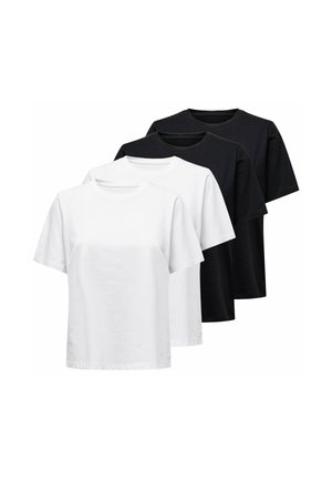 Quatre T-shirts unis en coton, deux blancs et deux noirs, disposés en alternance avec des manches courtes et un col rond.