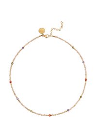 Collana di perline con piccole perline pastello, dettagli in oro e perline multicolori. Presenta una chiusura e una catena di lunghezza regolabile.