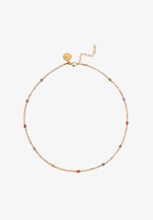 Perlenkette mit kleinen Pastellperlen, goldenen Akzenten und mehrfarbigen, detaillierten Perlen. Verfügt über einen Verschluss und eine verstellbare Kette.