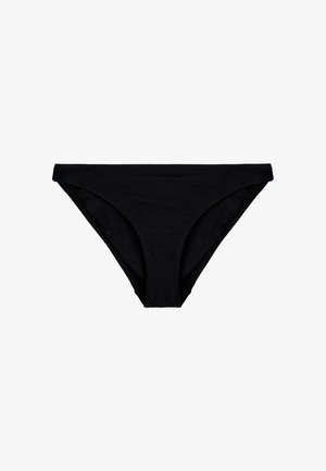 Bas de bikini noir avec une texture lisse, design taille basse et couverture modérée. Comprend des coutures surpiquées et un style minimaliste.
