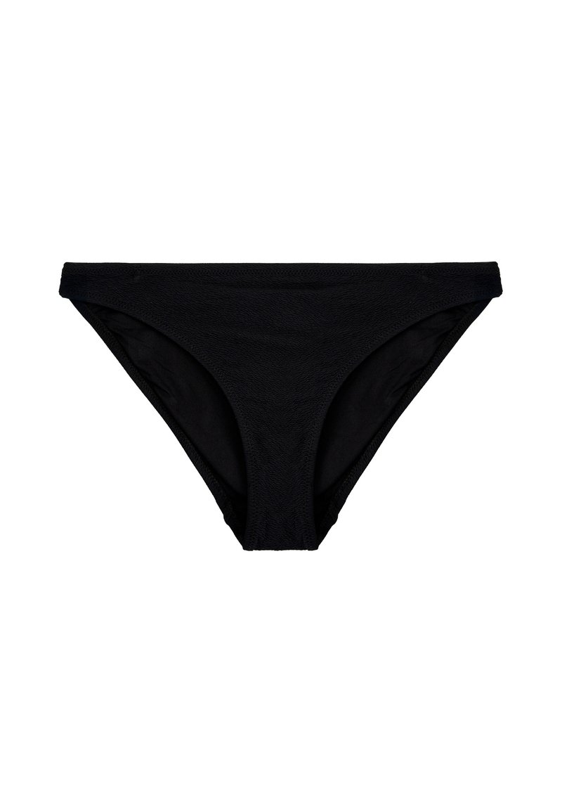 Czarne majtki bikini o gładkiej fakturze, niskim kroju i umiarkowanym zakryciu. Posiadają szwy zszywane i minimalistyczny styl.