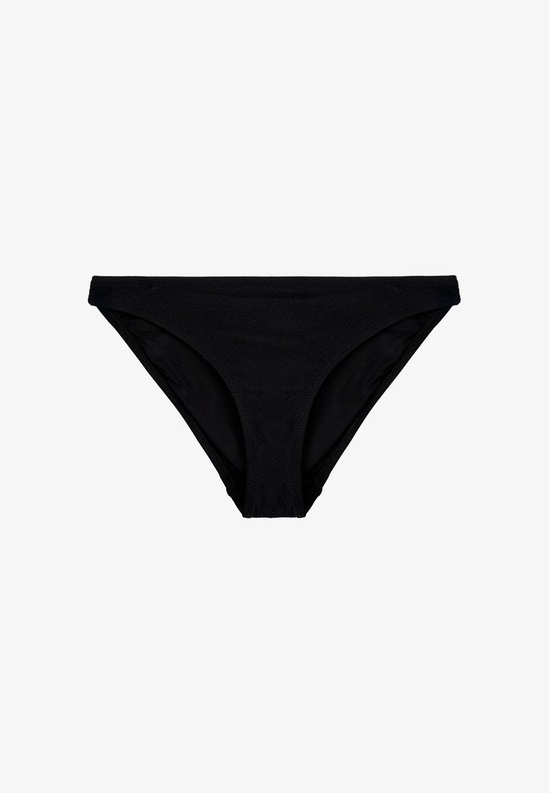 Bañador de bikini negro con una textura suave, diseño de corte bajo y cobertura moderada. Presenta costuras cosidas y un estilo minimalista.