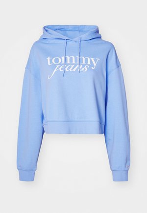 Hele halli lühike kapuutsiga pusa, mis on valmistatud pehmest puuvillast, esipoolsel valgel logol, stringidega kapuuts ja soonikkoes mansetid.