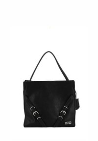 Borsa a mano nera in pelle con finitura texture, forma rettangolare, doppie tracolle regolabili e dettagli in hardware argentato.