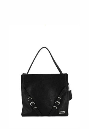 Borsa a mano nera in pelle con finitura texture, forma rettangolare, doppie tracolle regolabili e dettagli in hardware argentato.