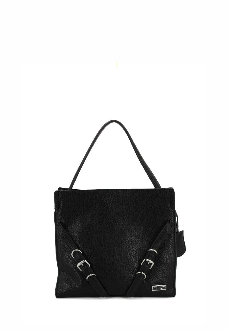 Borsa a mano nera in pelle con finitura texture, forma rettangolare, doppie tracolle regolabili e dettagli in hardware argentato.