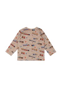 Langarmhemd aus beigem Stoff, mit einem bunten Zugmuster, das verschiedene Formen, Verkehrsschilder und Schleifen enthält.