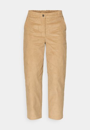 Pantaloni in corduroy marrone chiaro con vestibilità rilassata, caratterizzati da una parte anteriore piatta, una vita elastica e una tasca anteriore singola.