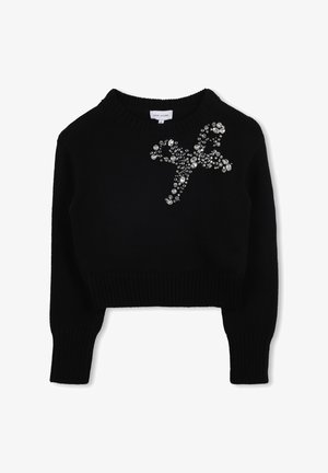 Sort strikket sweater med rund halsudskæring og lange ærmer. Har en krystaludsmykning i blomsterdesign på brystet.