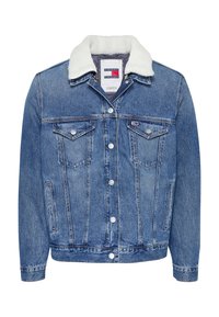 Giacca di jeans in azzurro chiaro con colletto in pelliccia sintetica, due tasche sul petto anteriori e chiusura con bottoni argentati. Presenta un design classico e una vestibilità dritta.
