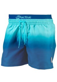 Turquoise zwembroek met een ombre-gradiënt van licht naar donker. Elastische tailleband met trekkoord en contrasterend blauw logo aan de bovenkant.