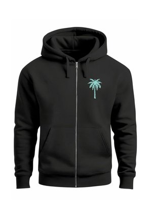 Black zip-up hoodie made of soft material. Features a front pocket and a light blue palm tree graphic on the left chest area.