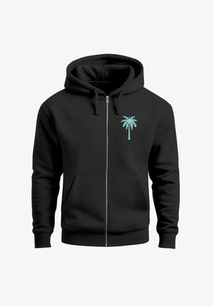 Black zip-up hoodie made of soft material. Features a front pocket and a light blue palm tree graphic on the left chest area.