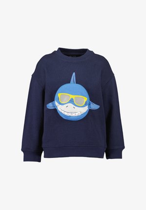 Marineblaues Sweatshirt mit einem Hai-Motiv, der Sonnenbrillen trägt. Hergestellt aus weichem Stoff, bietet es eine lockere Passform und Bündchen aus Rippstrick.