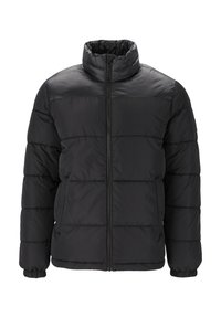 Sort dunjakke med høj krave, lynlåslukning og vandret quiltet design. Har elastiske manchetter og sidelommer til opbevaring.