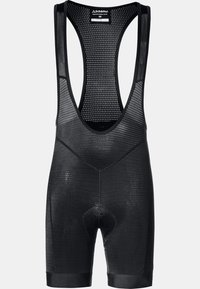 Schwarze Radsport-Bib-Shorts mit einem Mesh-Oberteil, gepolstertem Sitz für Komfort und einem glatten, strukturierten Stoff mit Stretch für eine enge Passform.