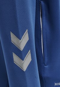 Blå atletisk jakke med struktureret stof. Har to sølv chevron-logoer på ærmet og en kontrasterende lys inderforing.