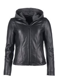 Zwarte leren jas met een grijze capuchon. Voorzien van een rits aan de voorkant, een getailleerde pasvorm en zijzakken. Soepele textuur met naaddetails.