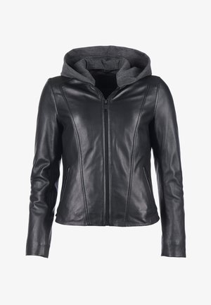 Schwarze Lederjacke mit grauem Kapuze. Sie hat einen Reißverschluss vorne, eine taillierte Silhouette und seitliche Taschen. Glatte Textur mit Nahtdetails.