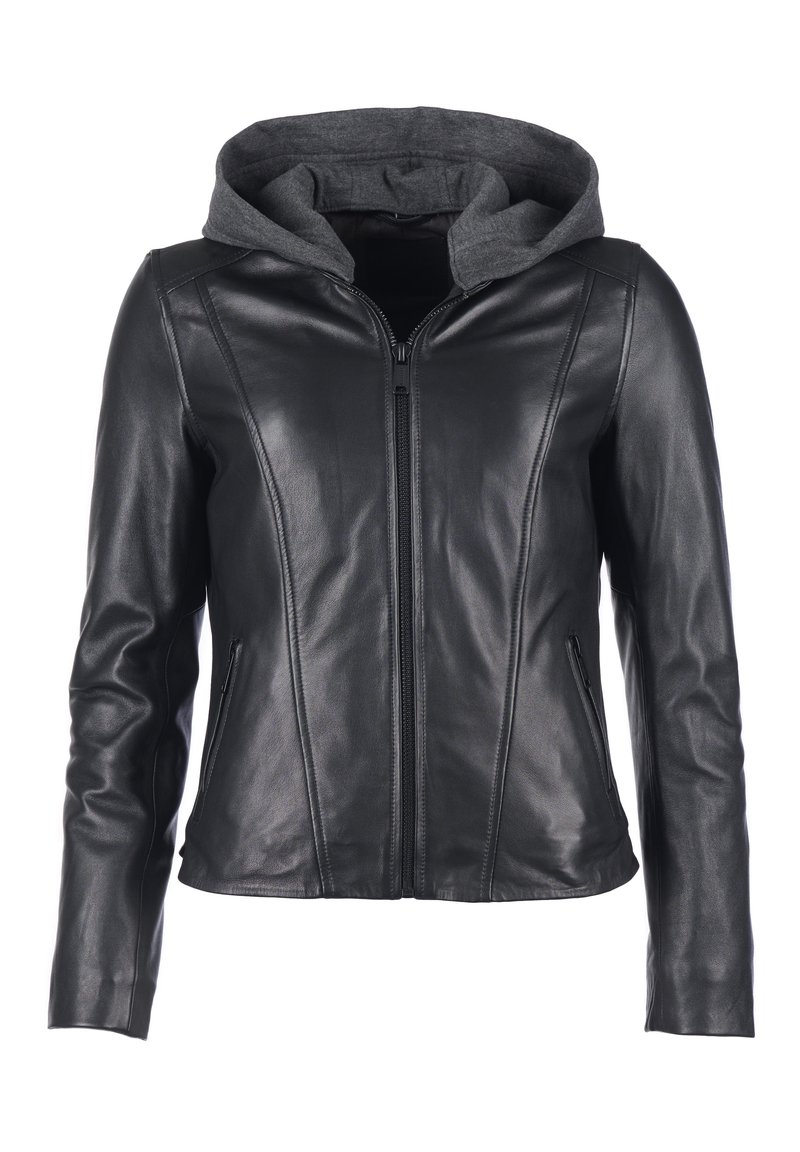 Zwarte leren jas met een grijze capuchon. Voorzien van een rits aan de voorkant, een getailleerde pasvorm en zijzakken. Soepele textuur met naaddetails.