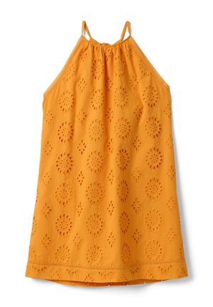 Vestido amarillo sin mangas con tirantes finos y patrones florales bordados con ojales en toda la tela.