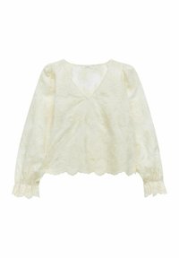 Lace langærmet bluse i lys creme, med v-hals, bølget kant og rynkede manchetter med blomstermotiver overalt.