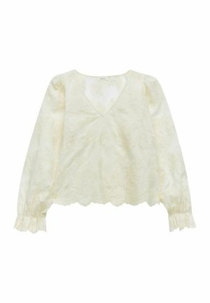 Kanten blouse met lange mouwen in lichtroom, met een v-halslijn, een golvende zoom en rimpelmanchetten met bloemenpatronen door het hele kledingstuk.