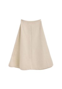 Beige midi-skirt med en flared design, lavet af et struktureret stof. Har en simpel talje og to lodrette sømme for struktur.
