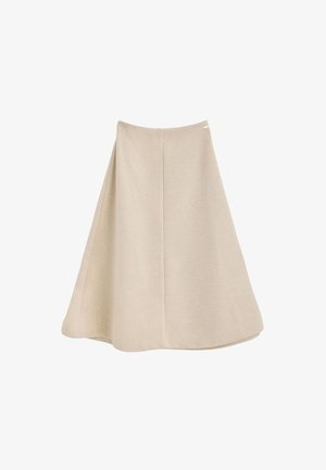 Gonna midi beige con design a campana, realizzata in tessuto testurizzato. Presenta una cintura semplice e due cuciture verticali per dare struttura.