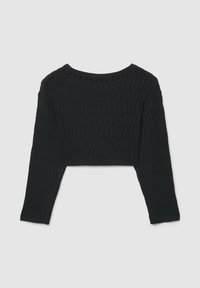 Maglione corto nero con texture a costine, maniche lunghe e scollo ampio, caratterizzato da piccoli punti traforati su tutto il tessuto.