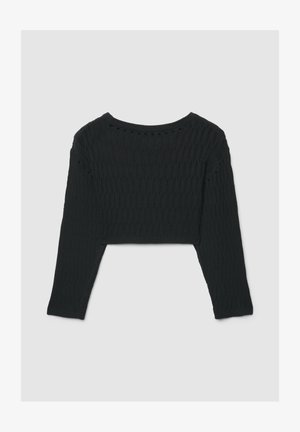 Maglione corto nero con texture a costine, maniche lunghe e scollo ampio, caratterizzato da piccoli punti traforati su tutto il tessuto.
