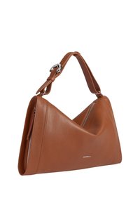 Bolso de mano de cuero marrón con una forma triangular única, que presenta un acento de hardware plateado y un bolsillo con cremallera. Acabado texturizado.