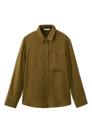 Olivovo zelená košeľa s dlhým rukávom, zapínaná na gombíky, s golierom a jedným náprsným vreckom, s textúrovanou látkou, klasického strihu.
