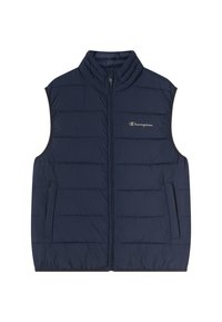 Granatowa pikowana kamizelka bez rękawów z zamkiem z przodu, dwoma bocznymi kieszeniami i logiem "Champion" na lewej piersi.