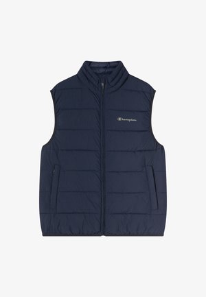 Gilet smanicato trapuntato blu navy con zip frontale, due tasche laterali e logo "Champion" sul lato sinistro del petto.