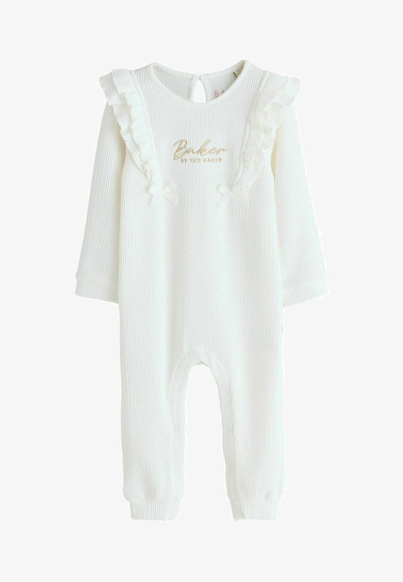 Barboteuse bébé blanche côtelée avec manches longues, détails à volants sur les épaules et "Baker by Ted Baker" brodé en or sur la poitrine.