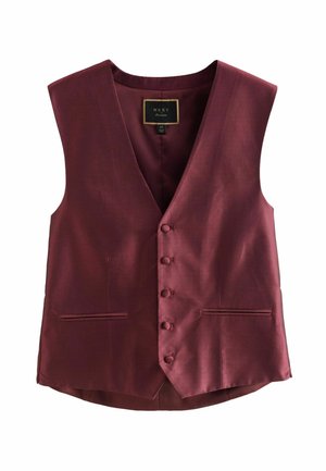 Burgundy väst i texturerad tyg, med djup V-hals, fem knappar och två fickor med flik. Fodrad insida.