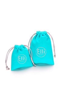 Turquoise fabric jewelry pouches in two sizes with silver drawstrings. Each pouch features the logo “Elli” and “WE ❤️ JEWELS” embossed.