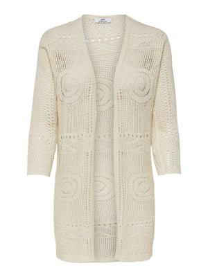 Cardigan en tricot ouvert de couleur crème, avec des motifs circulaires et une coupe décontractée. Les manches longues et une texture légère améliorent la respirabilité.