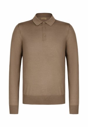 Brązowa koszulka polo z długim rękawem, trzema guzikami oraz ściągaczami na mankietach i dole, wykonana z gładkiej tkaniny.